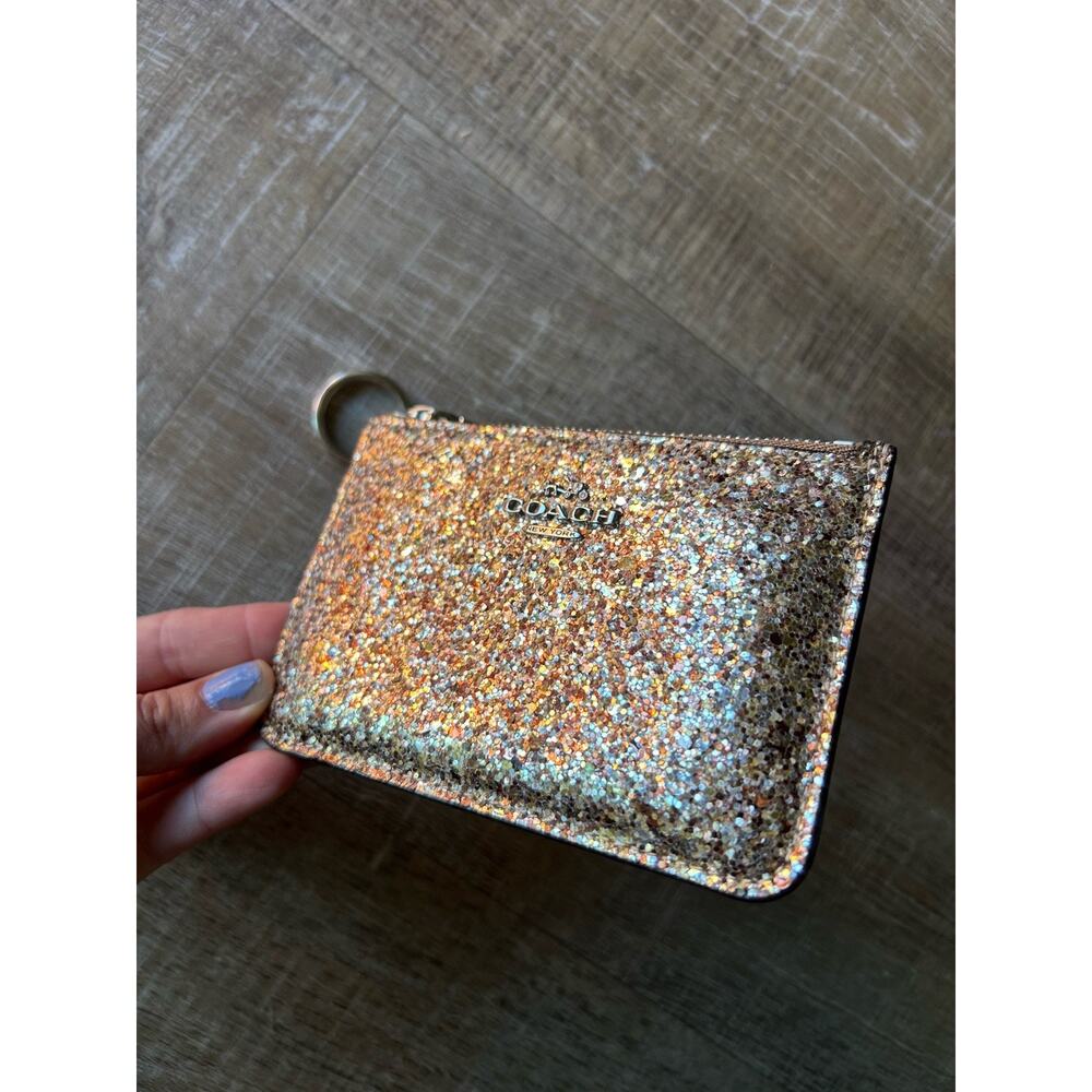 Coach Mini Skinny Glitter Coin Purse Card Case Keychain Wallet Gold Sparkle